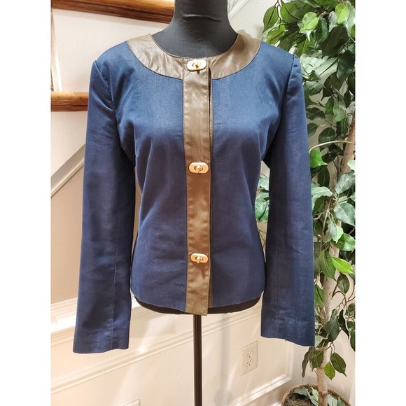 R.Q.T Women's Denim Blue Cotton Faux Leather Buttons Front Casual Jacket Size 10 - Picture 1 of 10